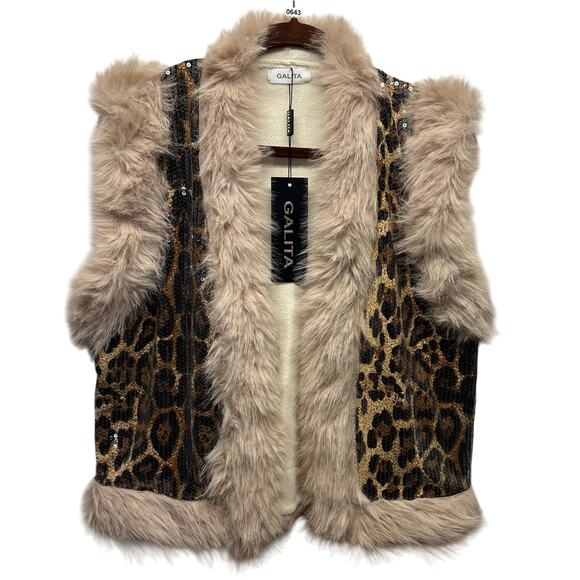 Galita Jackets & Blazers - NWT, Women’s One-Size Leopard Sequin Faux Fur Trim Vest, K643